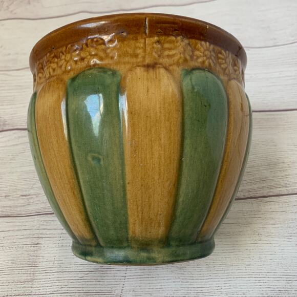 Antique Brown Green Striped Pottery Planter Majolica Glaze Floral Medallions - Picture 13 of 16